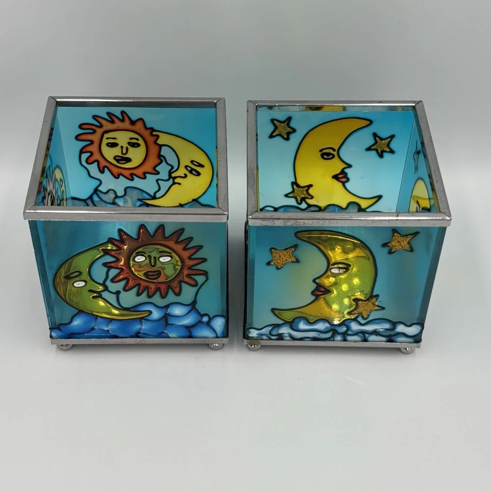 VINTAGE CELESTIAL SUN & MOON VOTIVE BURNERS CANDLE HOLDERS LOT OF 2